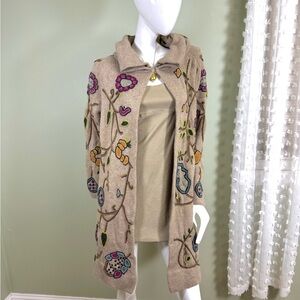 J.Jill Fairy Embroidered Lambswool Knit Long Tan Coatigan – Size Large